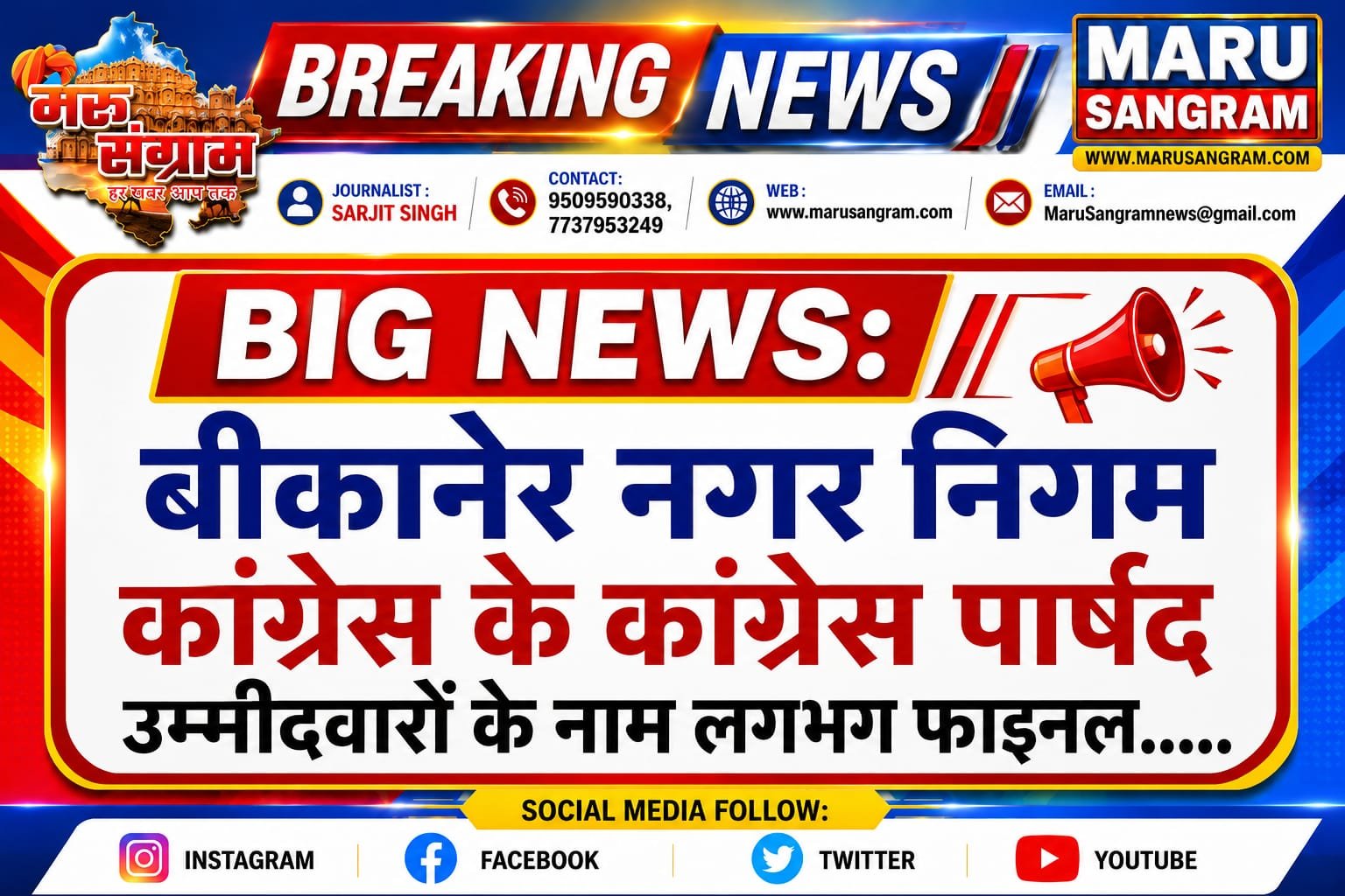 बीकानेर नगर निगम चुनाव: कांग्रेस के संभावित पार्षद उम्मीदवारों के नाम सामने, कई वार्डों में टिकट को लेकर मुकाबला…..