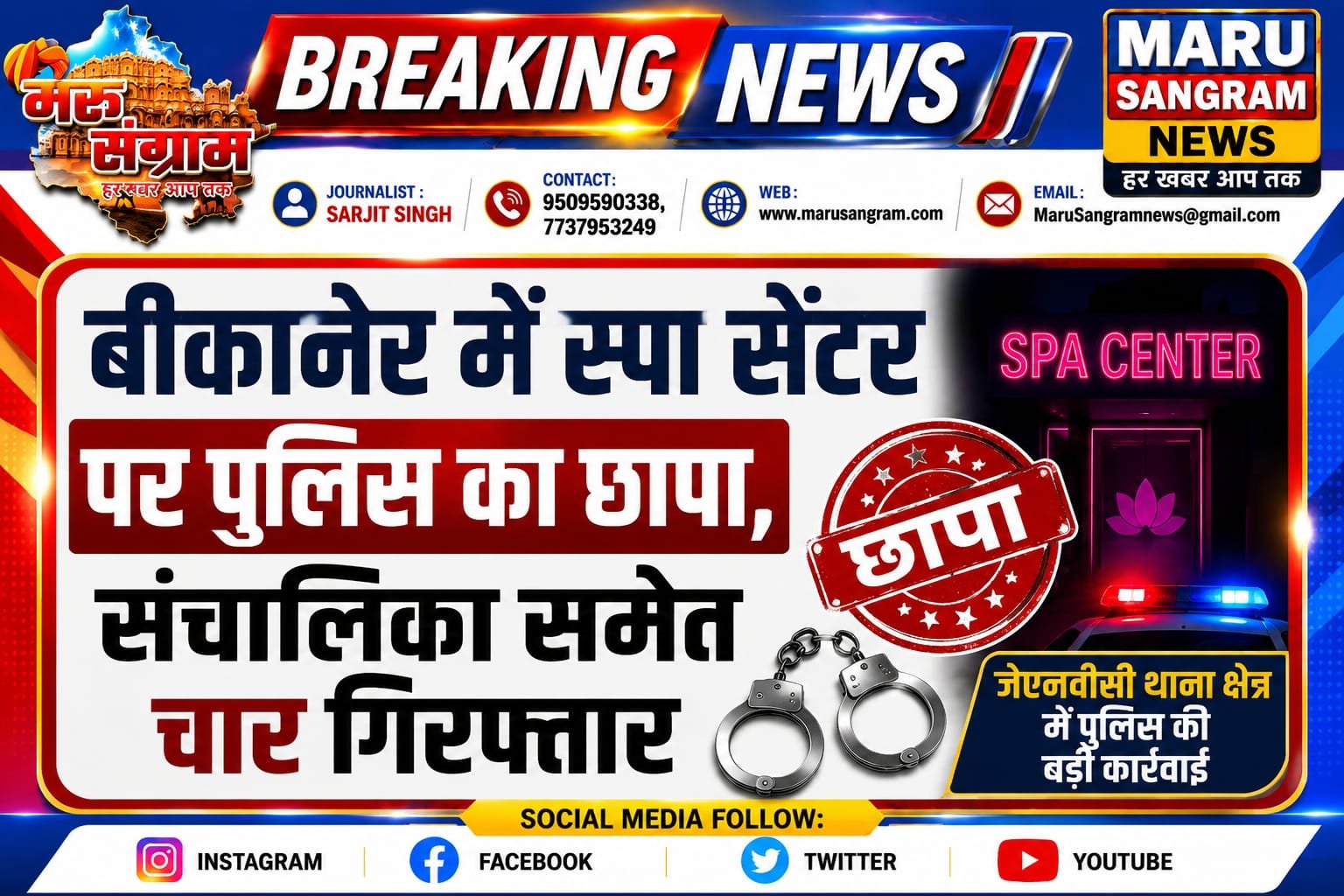 बीकानेर में स्पा सेंटर पर पुलिस का छापा, संचालिका समेत चार गिरफ्तार….