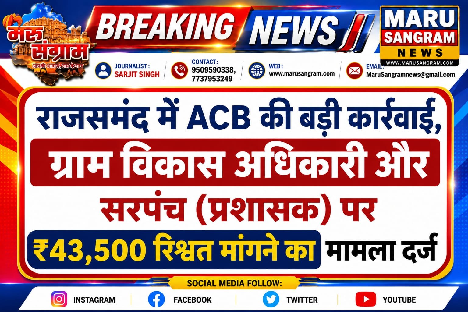 राजसमंद में ACB की बड़ी कार्रवाई, ग्राम विकास अधिकारी और सरपंच (प्रशासक) पर ₹43,500 रिश्वत मांगने का मामला दर्ज…..