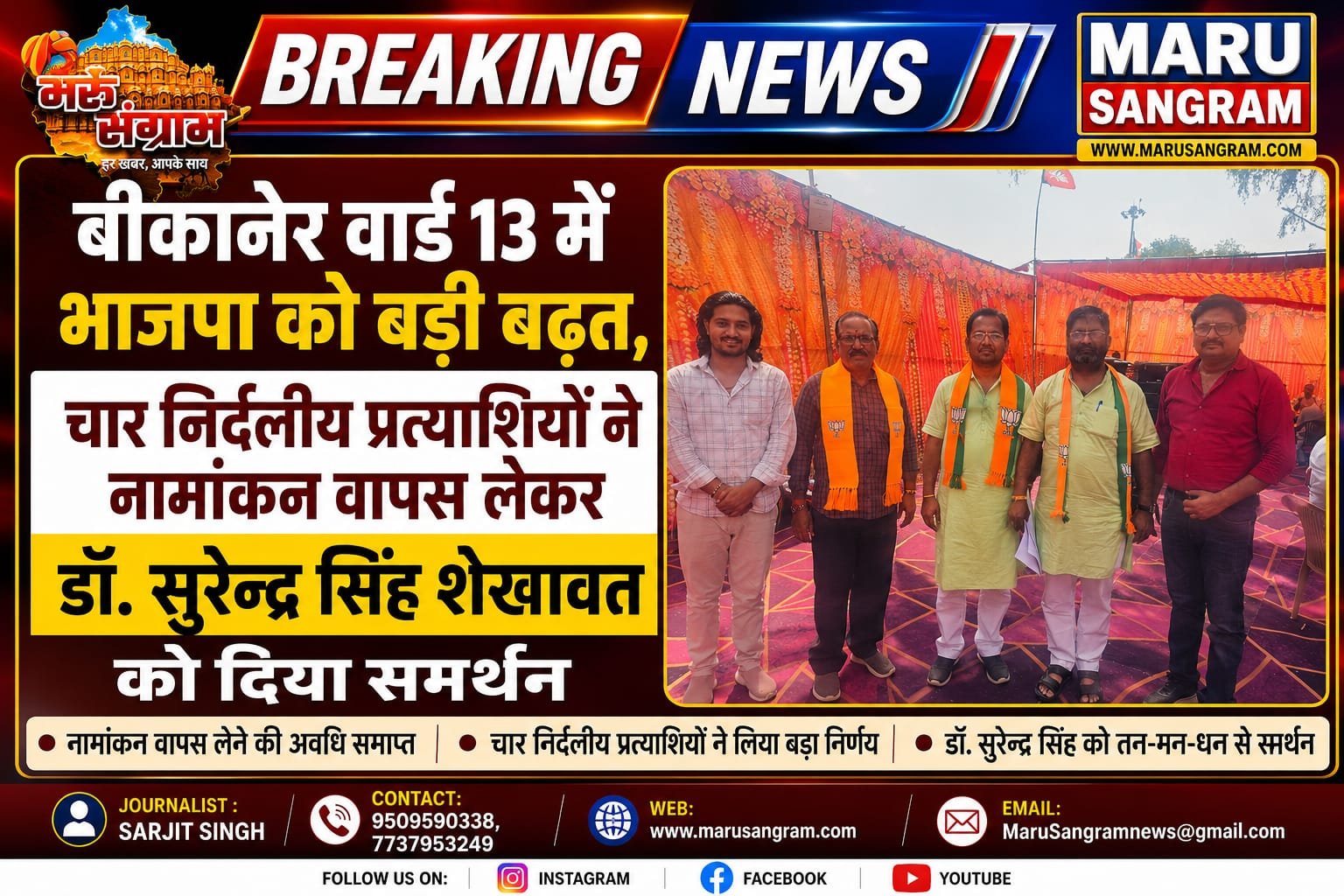बीकानेर वार्ड 13 में भाजपा को बड़ी बढ़त, चार निर्दलीय प्रत्याशियों ने नामांकन वापस लेकर डॉ. सुरेन्द्र सिंह शेखावत को दिया समर्थन……