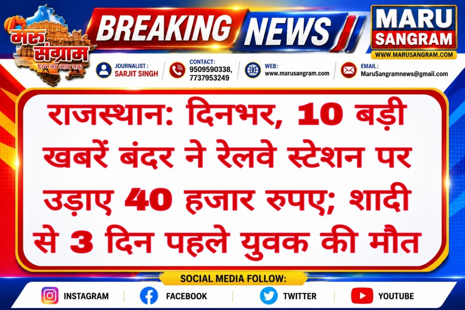 राजस्थान: दिनभर, 10 बड़ी खबरें बंदर ने रेलवे स्टेशन पर उड़ाए 40 हजार रुपए; शादी से 3 दिन पहले युवक की मौत…..