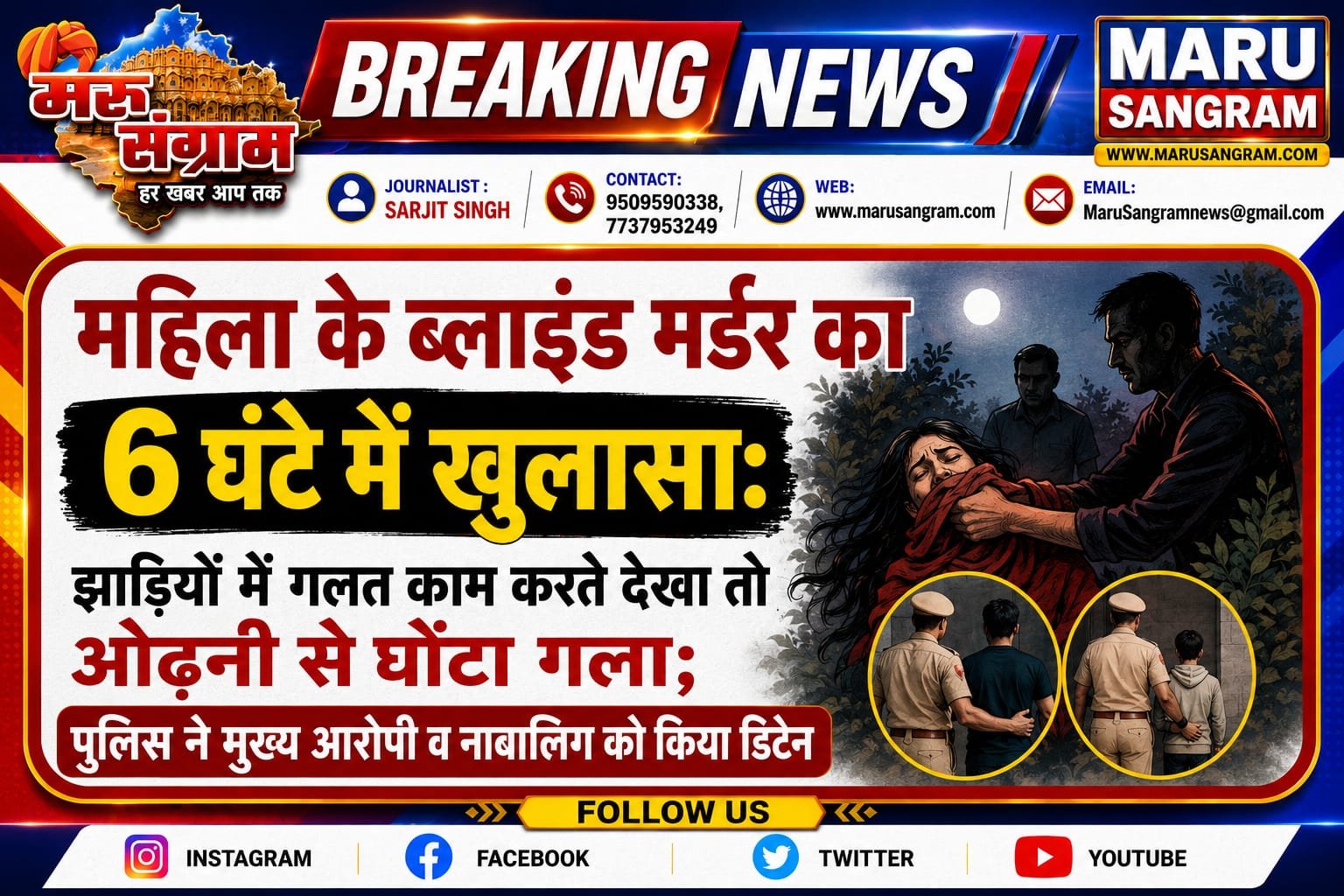 महिला के ब्लाइंड मर्डर का 6 घंटे में खुलासा: झाड़ियों में गलत काम करते देखा तो ओढ़नी से घोंटा गला; पुलिस ने मुख्य आरोपी व नाबालिग को किया डिटेन…..