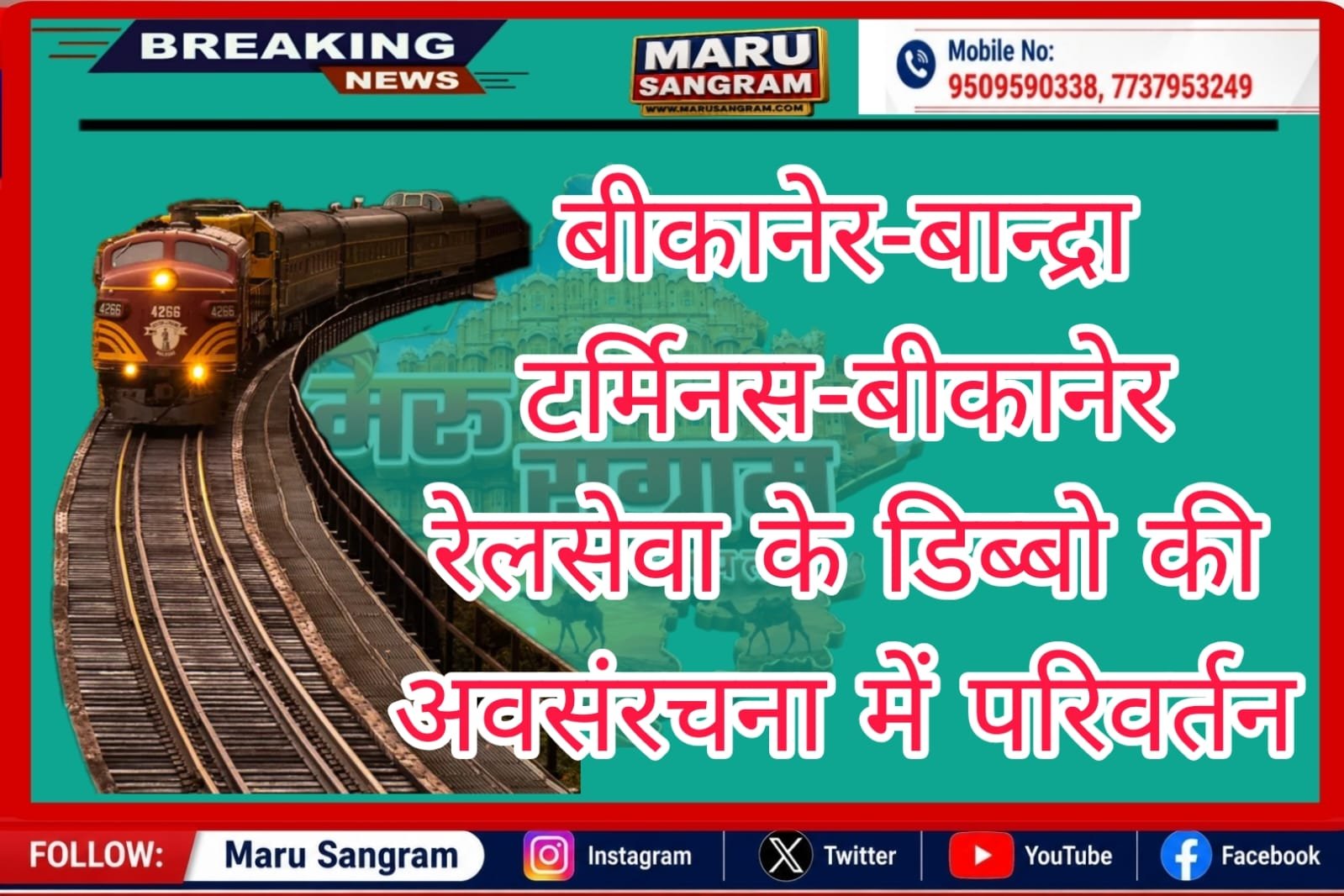 बीकानेर-बान्द्रा टर्मिनस-बीकानेर रेलसेवा के डिब्बो की अवसंरचना में परिवर्तन….